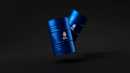 Two floating blue metal oil barrels on black background. Front view with shadow. Falling fuel tanks. Oil industry concept. 3d render illustration