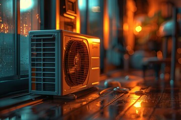 Vintage ac glowing captured in warm ambient lighting creating nostalgic atmosphere