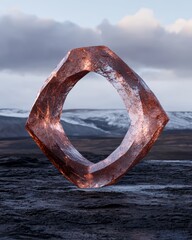 Fototapeta premium Abstract glass sculpture in a dramatic landscape