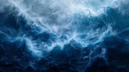 Obraz premium Dramatic stormy ocean waves with dark blue turbulent water and misty atmosphere, perfect for backgrounds in marine themes and storm concepts.