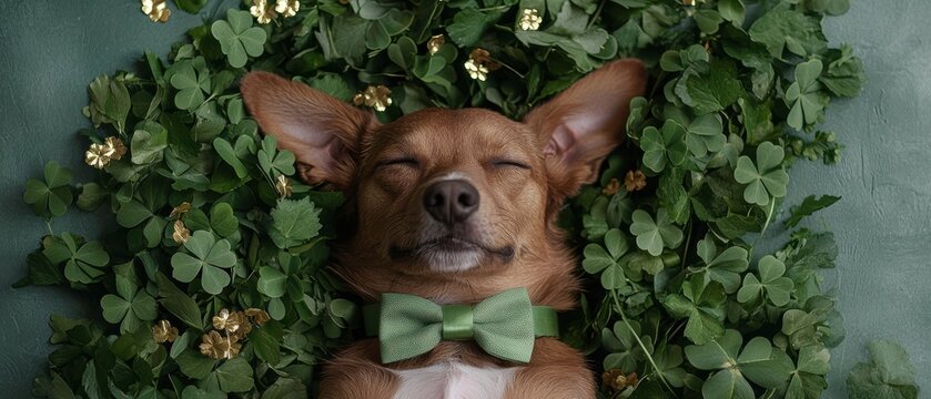Adorable brown dog sleeping peacefully in a bed of green clovers