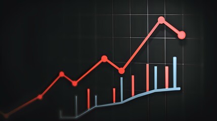 Business growth chart showing red line trend and blue bar graph on dark background, perfect for financial presentations and economic analysis reports.