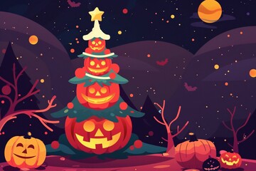 Naklejka premium Spooky Halloween tree decorated with glowing jack-o'-lanterns under a dark, starry sky.