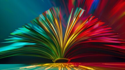 Creative rainbow-colored open book with fanned pages creating dramatic light effect against dark background, perfect for education, knowledge and imagination concepts.