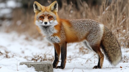 Obraz premium Red fox standing snowy winter woodland