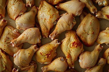 Raw chicken quarters with golden skin arranged on baking sheet, ready for cooking. Fresh poultry meat preparation in kitchen for restaurant or home cooking.