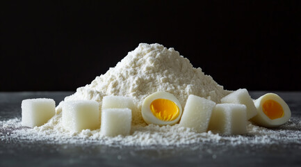 Baking ingredients lie ready for a sweet creation in a cozy kitchen as flour is piled high alongside fresh eggs and sugar cubes