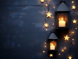 Black Lanterns Candles And Star Lights On Dark Wood