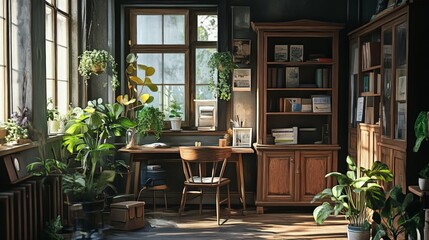 Fototapeta premium Cozy Workspace with Wooden Furniture Surrounded by Indoor Plants