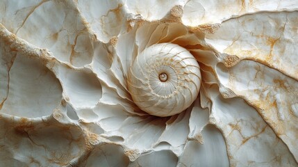 Stunning display of ammonite marble showcasing intricate spirals and natural patterns, created by geological processes over millions of years in a serene environment