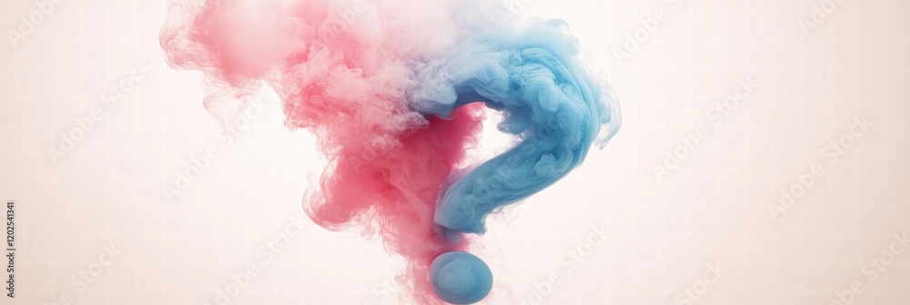 Poster Clouds of pink and blue smoke swirling together to form a questioning shape in an abstract composition. Generative AI