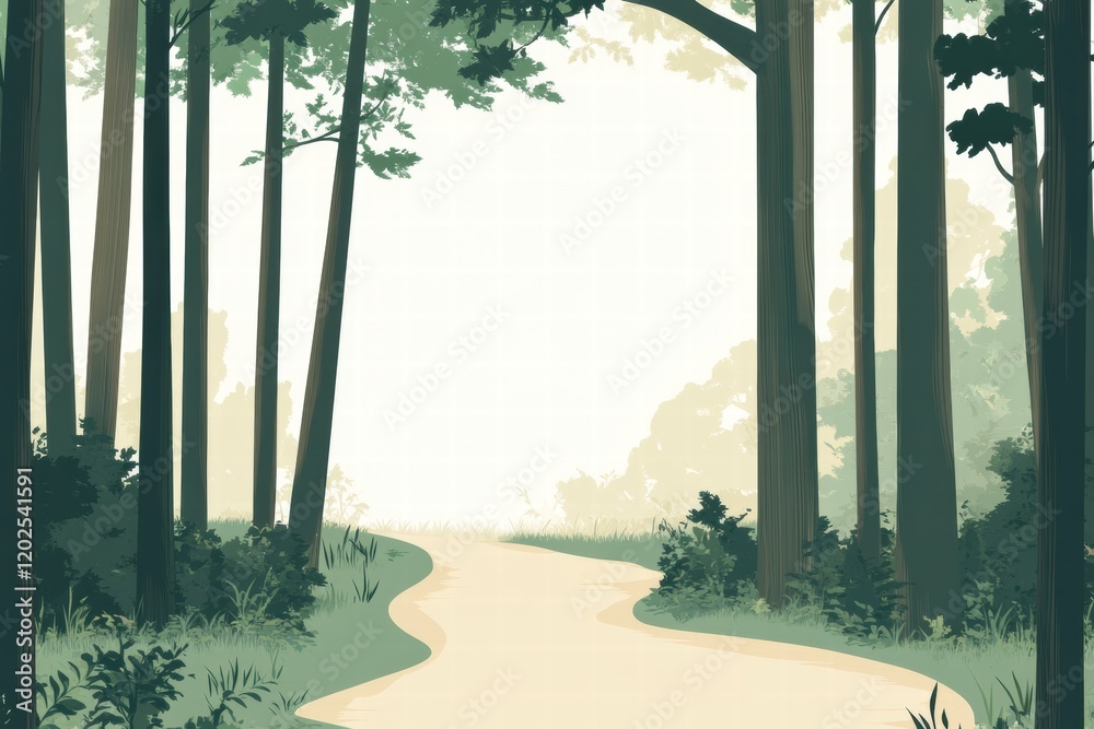Poster winding forest trail through tall trees surrounded by lush greenery in early morning light. generati