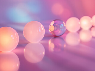 A minimalist composition of smooth, gradient-colored spheres placed on a reflective surface, with subtle lighting.