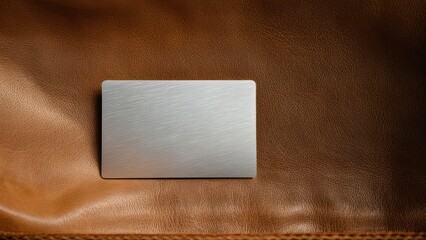Fototapeta premium Flat brushed blank metal plate and card mockup on a rich leather backdrop.
