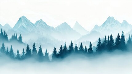 Obraz premium A stunning depiction of a mountain range dotted with pine trees in the foreground, set against a backdrop of ethereal fog