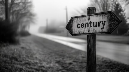 A weathered wooden sign pointing towards the "century" destination, shrouded in a mystical foggy landscape along an empty road at dawn
