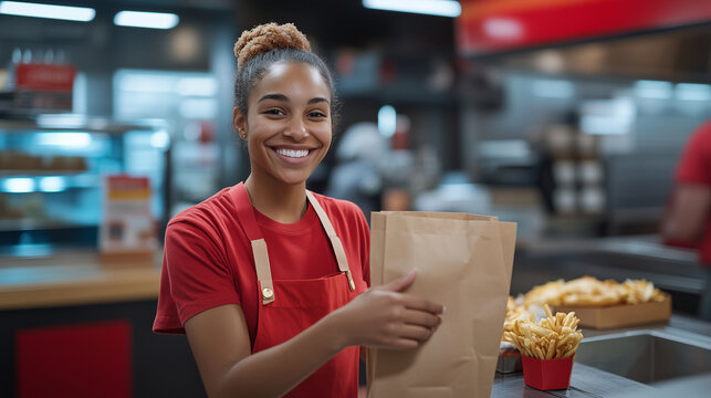 A smiling fast food cashier handing a brown paper bag across the counter, with a blurred interior of a fast food restaurant in the background