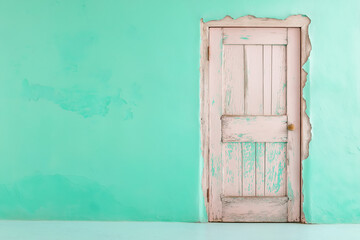 A weathered pink door against a teal wall with peeling plaster