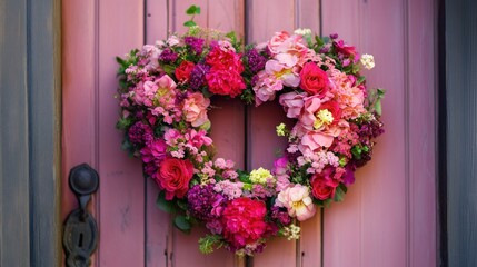 Heart shaped floral wreath hanging on a pink wooden door with vintage handle