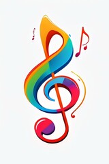 Obraz premium Colorful rainbow treble clef with floating musical notes on white background, perfect for music education materials, festival posters, and creative design projects.