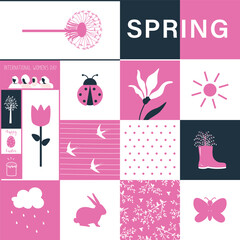 Spring Abstract Pattern. Seamless Geometric Print with Spring Elements. Square Background. Spring Flowers, Easter Bunny, Butterfly, Dandelion, Swallows, Women Silhouettes. Vector in Pink, Black, White