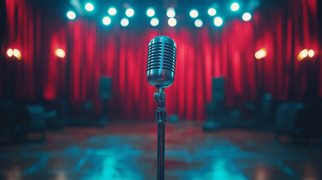 A microphone with a stand on an empty stage illuminated by a spotlight against a dark curtain backdrop, symbolizing anticipation for a karaoke, comedy, or talent competition, with a modern blurred cap