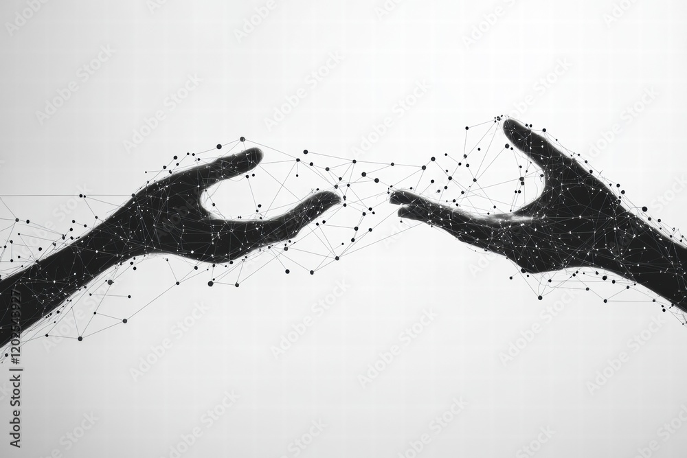 Poster Hands reaching out with connection lines depicting unity and collaboration in a digital world. Generative AI