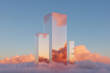 Reflective Skyscrapers in a Sea of Clouds at Sunset