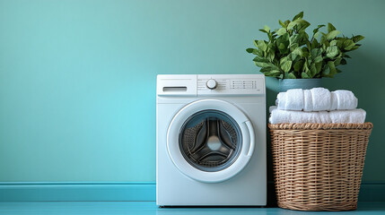 A minimalist laundry room with a washing machine next to a wooden basket filled with clean towels, modern design, and a blurred background creating an empty caption space on the side

