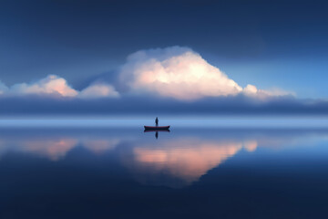 Fototapeta premium Solitary Figure in a Boat on Calm Waters Under a Cloudy Sky