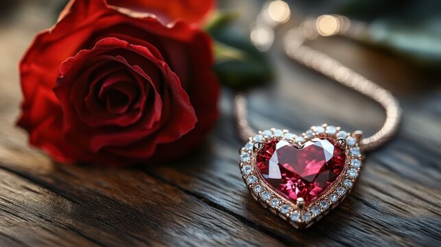 Heart-shaped ruby pendant with rose on rustic wood.  Possible use Valentine's Day jewelry