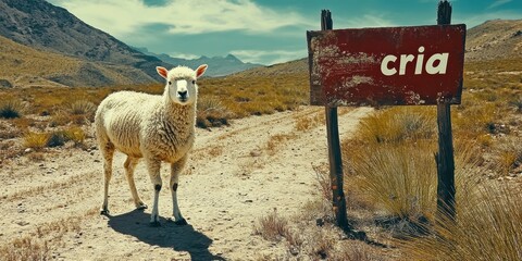 A solitary white sheep stands on a dusty desert road next to a weathered red sign with the word 'cria', set against the backdrop of a vast mountainous landscape.