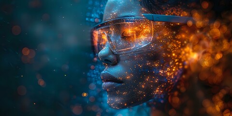 Dramatic profile portrait of African American woman in protective glasses surrounded by glowing orange sparks and blue technological elements, perfect for tech innovation themes.