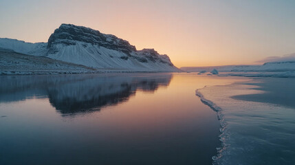 Majestic mountains reflecting in a serene ice-covered lake during sunrise with soft morning light and blurred background, providing space for a modern caption on the side

