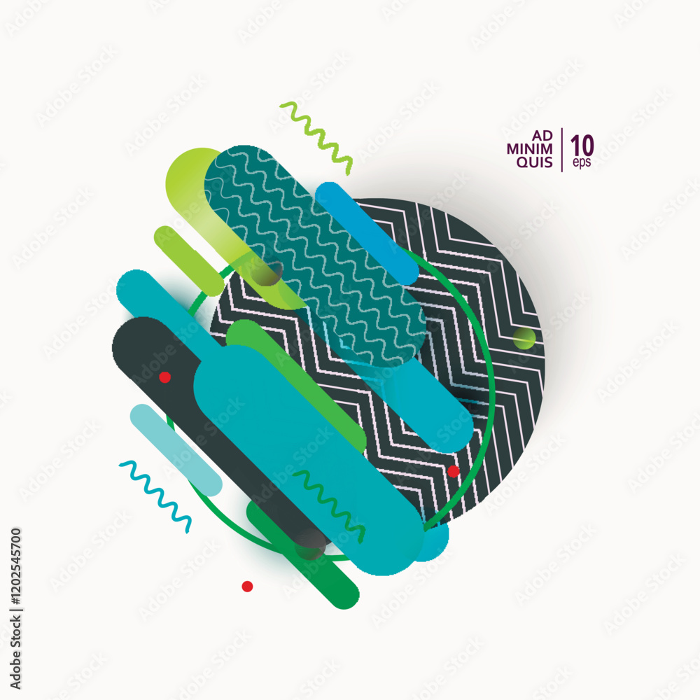 Poster Vector illustration of dynamic composition made of various colored rounded shapes lines in diagonal rhythm. Minimalistic motion design