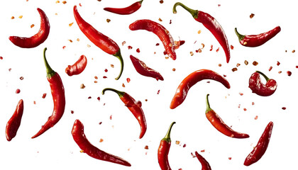 flying chili peppers isolated on transparent background cutout