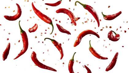 flying chili peppers isolated on transparent background cutout