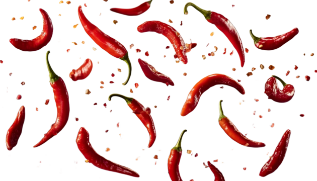 flying chili peppers isolated on transparent background cutout