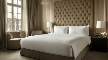 Luxurious Hotel Bedroom Featuring Elegant Furnishings and Large Windows in a Stylish Urban Location During Daylight