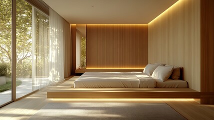 Elegant Minimalist Bedroom With Natural Light and Wooden Accents Designed for Relaxation in a Modern Home