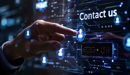 Fototapeta premium Digital contact interface with hand touching virtual screen, displaying futuristic customer service technology concept with blue glowing elements and contact information visualization.