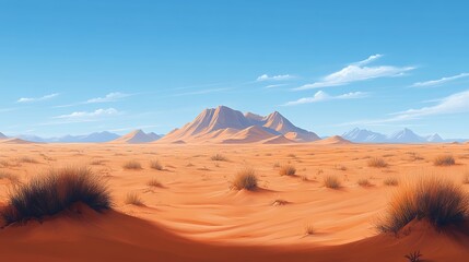 Fototapeta premium Desert Landscape Features Vast Sandy Terrain With Distant Mountains and Clear Blue Sky During Daylight Hours
