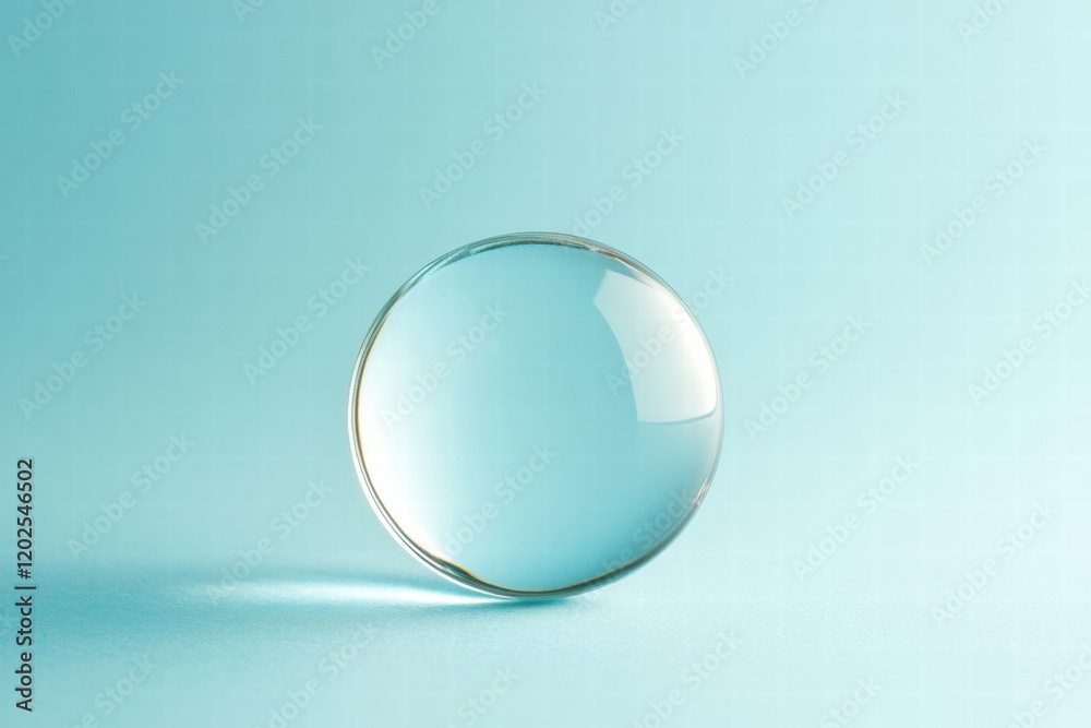 Poster clear glass sphere resting on a smooth, light blue surface in a minimalist setting. generative ai