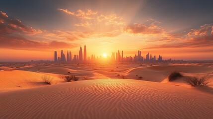 Beautiful Sunset Illuminating a Futuristic Skyline Amidst the Vast Golden Sand Dunes With Dramatic Clouds