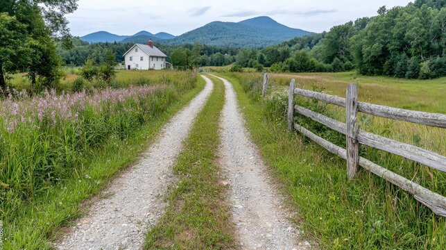 Country road leads to farmhouse in Vermont mountains.  Postcard image