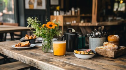 Fototapeta premium Rustic table setting with breakfast food, flowers, and drinks in a cafe.