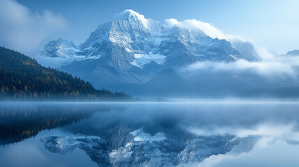 Majestic mountains reflecting in a serene ice-covered lake during sunrise with soft morning light and blurred background, providing space for a modern caption on the side

