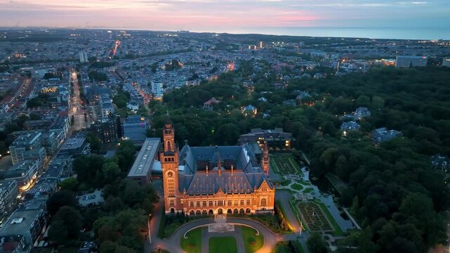 4k Aerial view of The Peace Palace (Vredespaleis) in The Hague , Netherlands. Europe