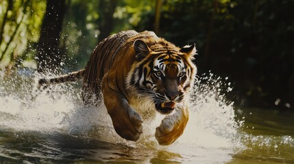 Tiger running water forest wildlife nature action splash