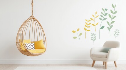 A contemporary nursery with a hanging cradle, pastel tones, and nature wall decals